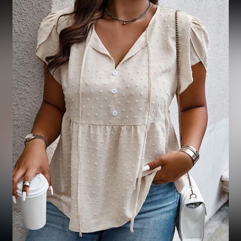 Cream Blouse with Dots and Button Detail 4X